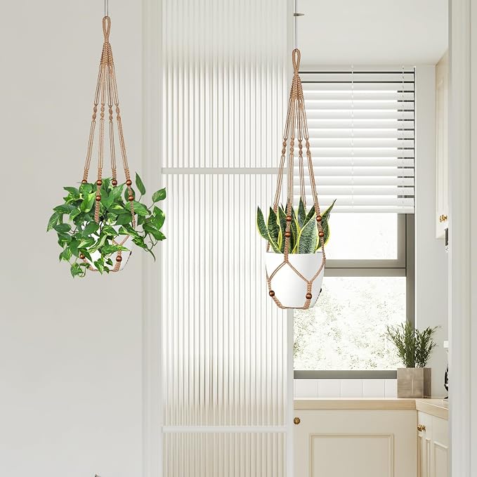 Jute Macrame Plant Hanger Indoor Set of 4 Hanging Planter Basket Flower Pot - Image 7