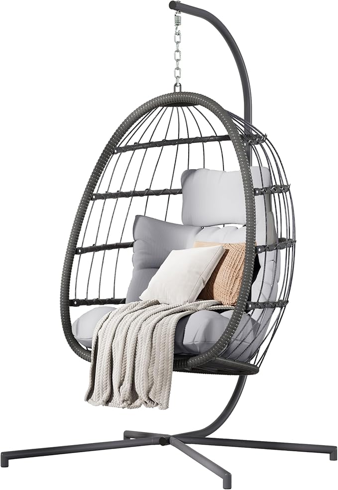 HWB Hanging Egg Chair with Stand, Patio Wicker Egg Swing Chair with Cushion by HWBEnjoywarmhome