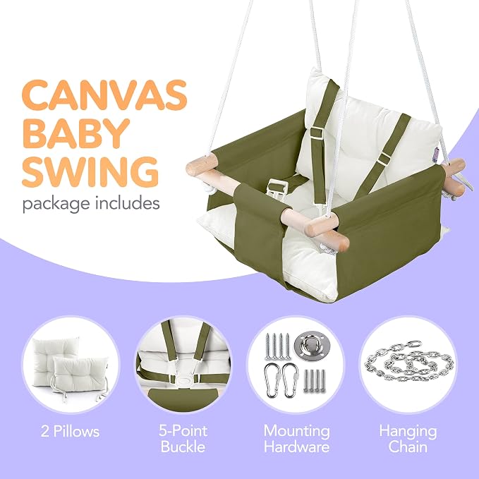 CaTeam - Canvas Baby Swing, Wooden Hanging Swing Seat Chair - Image 3