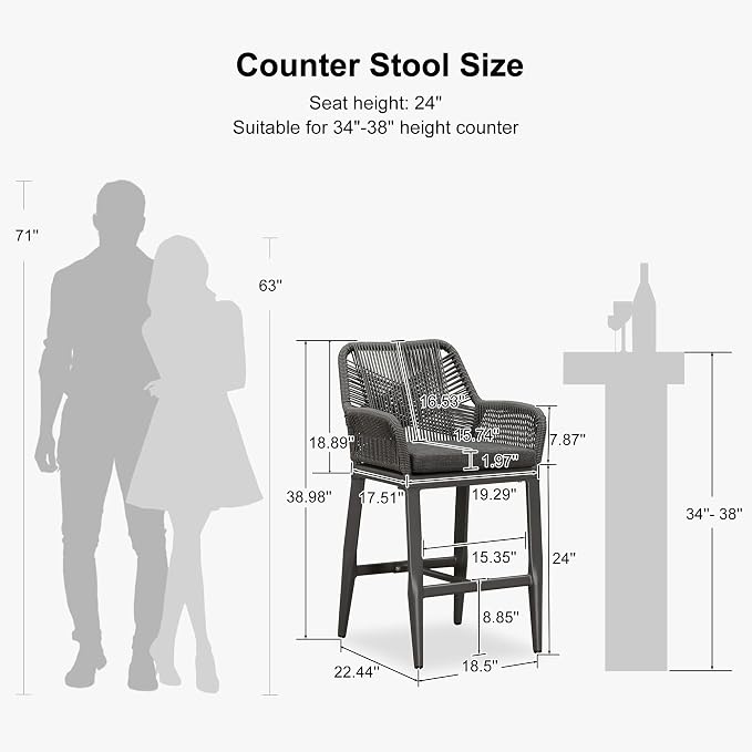 PURPLE LEAF Outdoor 24" Counter Height Bar Stools Chair Set of 2, All Weather - Image 2