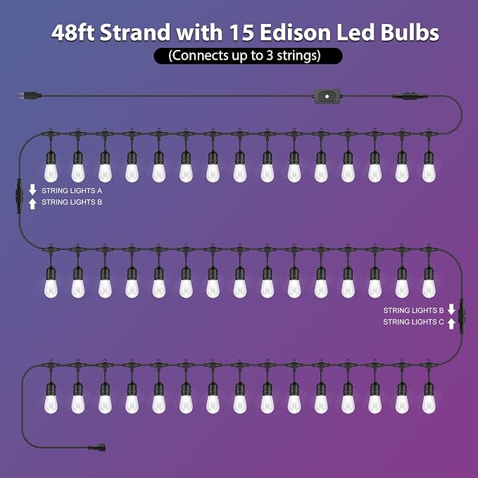 Mlambert 144Ft Multicolor Outdoor Patio Lights, Dimmable RGB Cafe String Lights - Image 3