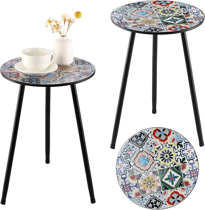 2 Packs Metal Mosaic Round Side Tables 13.4" Small Outdoor Patio Round Accent by PartyZealot