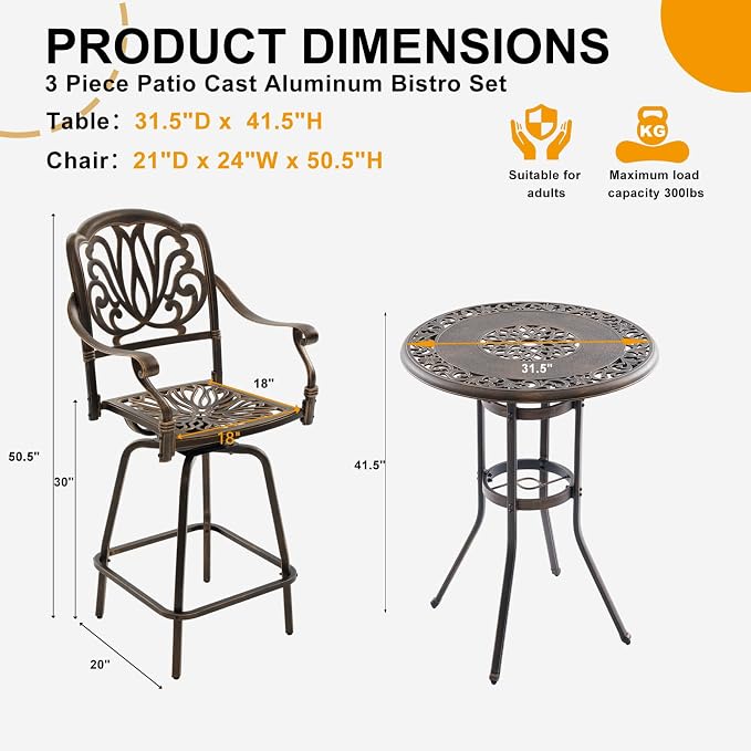 3-Piece Cast Aluminum Outdoor Bar Set, 31.5" Round High Top Patio Table & 2 - Image 2