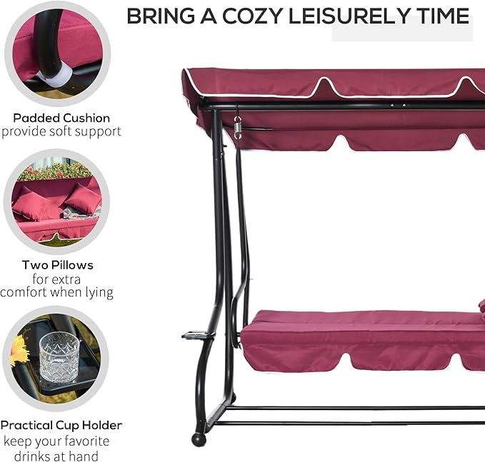 Outsunny 3-Seat Outdoor Patio Swing Chair, Converting Flatbed, Outdoor Swing - Image 6