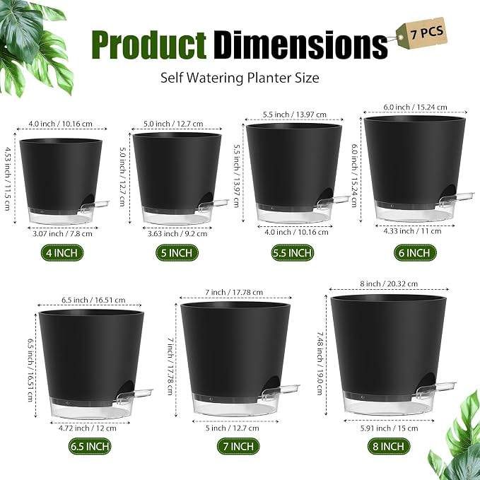 Plant Pots 4/5/5.5/6/6.5/7/8 Inch Self Watering Pots, 7 Pack Plastic Planters - Image 5