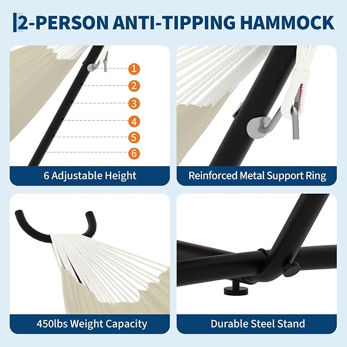 Double Hammocks with Stand for Outside, Portable Space Saving Heavy-Duty Steel - Image 4