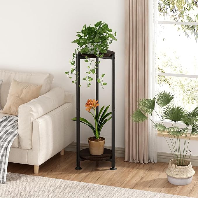 Plant Stand Indoor Outdoor 2 Tier Tall Metal Corner Storage Tiered Plant Shelf - Image 2