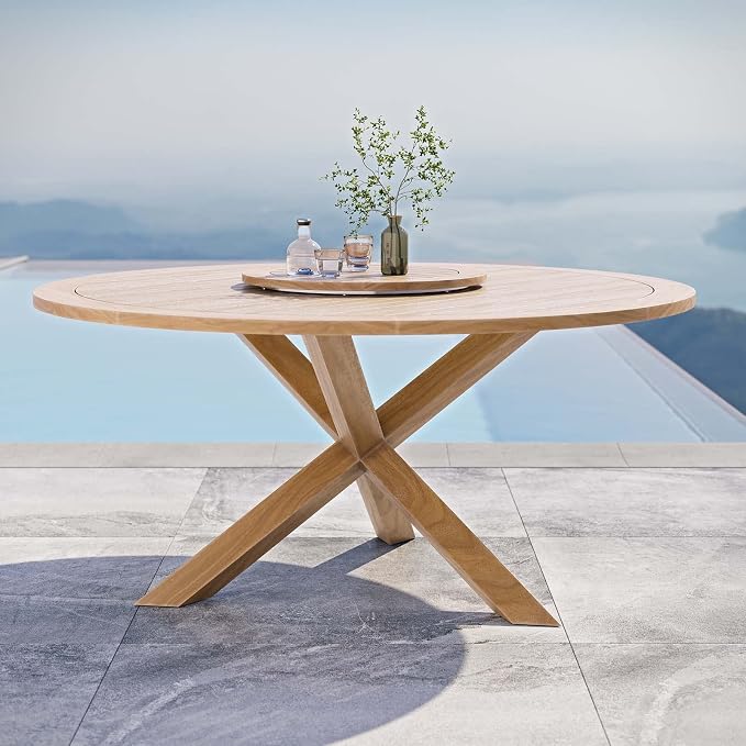 Modway Wellspring Outdoor Patio Round Teak Wood 63" Dining Table in Natural - Image 7