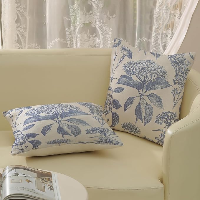 Vintage Blue Pillow Covers 20x20 Inch 2 Pcs Boho Floral Decor Throw Pillows - Image 4