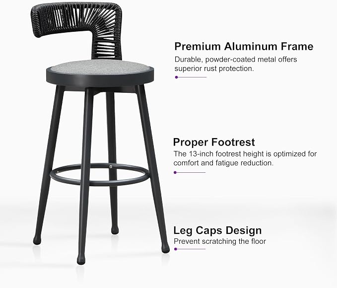 PURPLE LEAF Outdoor Swivel Bar Height Stools Set of 4 Metal Modern Wicker Bar - Image 7