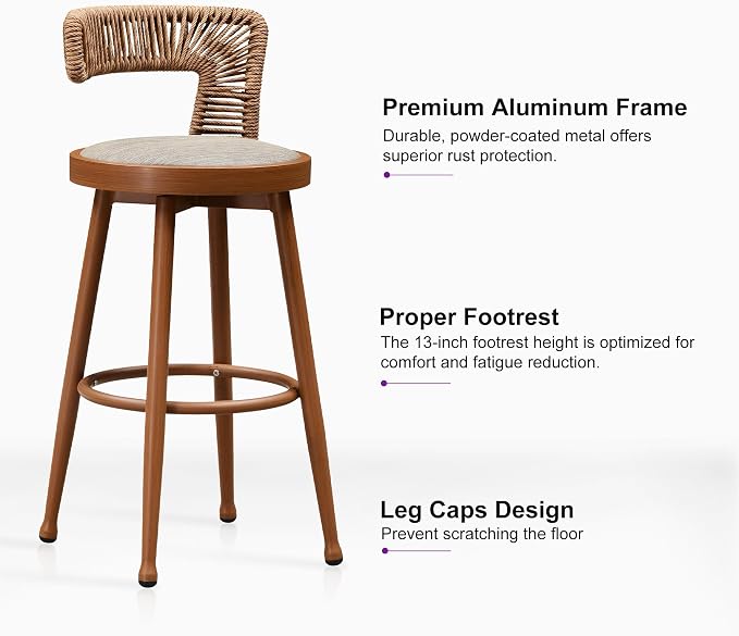 PURPLE LEAF Outdoor Swivel Bar Height Stools Set of 4 Metal Modern Wicker Bar - Image 9