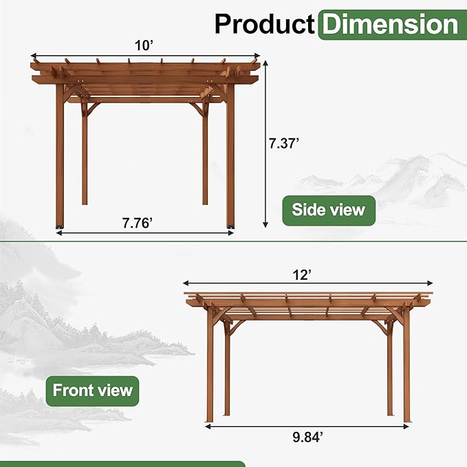 12' x 10' Outdoor Wood Pergola, Wooden Patio Pergola Gazebo Sunshade - Image 2