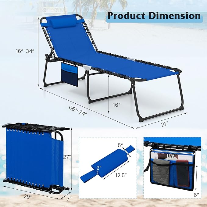 GYMAX Lounge Chair for Outside, 440lbs 27” Oversize Folding Beach Tanning - Image 3
