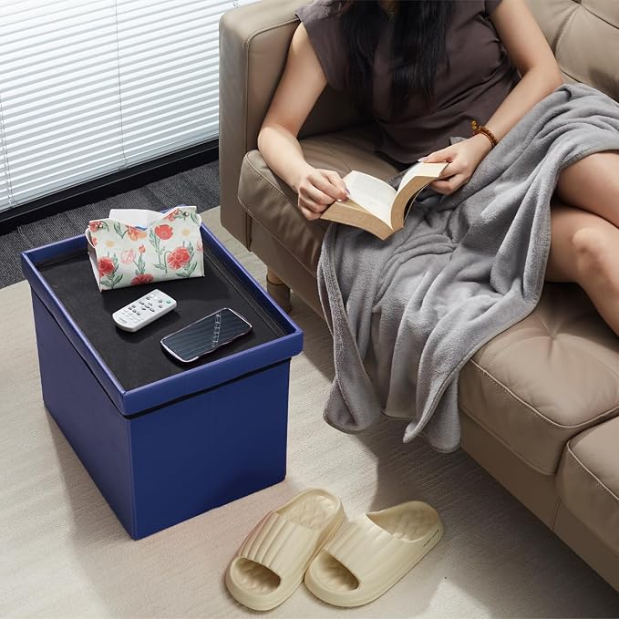 AmasSmile Storage Ottoman Foot Rest Stool, 17 inch Folding Leather Footstool - Image 4