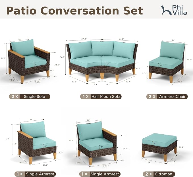 PHI VILLA 9-Piece Wicker Patio Furniture Set, Outdoor Half-Moon Curved - Image 2
