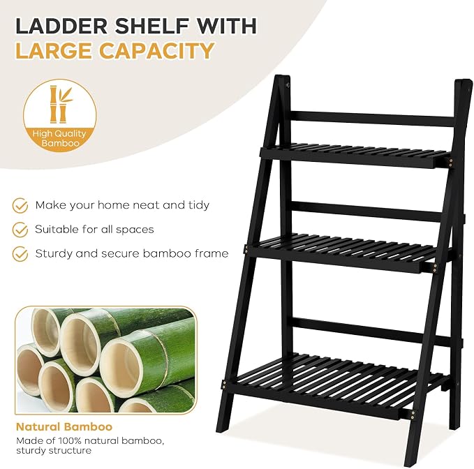 39.4" Foldable Plant Shelf Ladder Shelf, 3 Tier Bamboo Ladder Flower Pot - Image 3