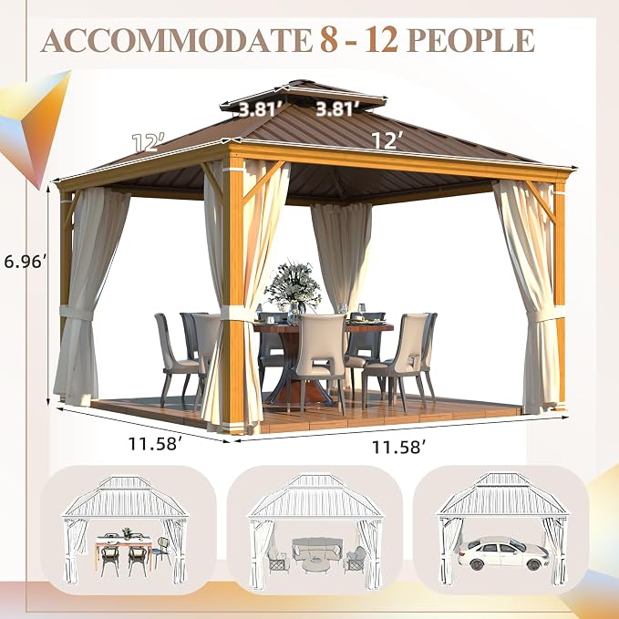 YOLENY 12' x 12' Hardtop Gazebo, Wood Grain Aluminum Frame Canopy - Image 7