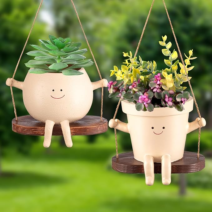 Domensi 2 Pcs Swing Hanging Planter Cute Smile Flower Face Pot Indoor Outdoor by Domensi