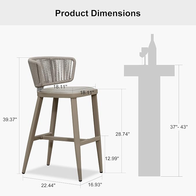 PURPLE LEAF Outdoor Bar Height Stool Set of 2 Modern Rattan Bar Chairs - Image 6