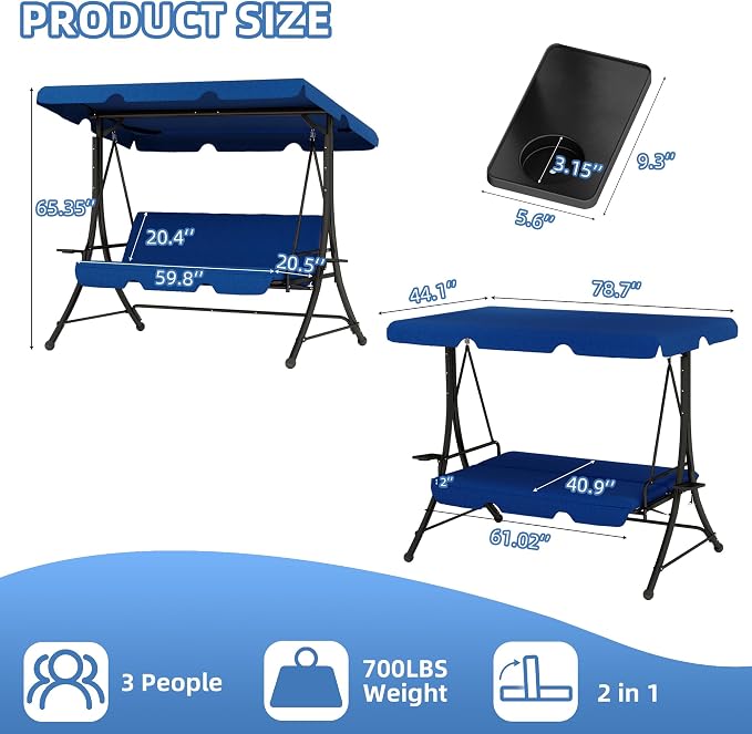 3 Seat Patio Swing with Canopy, Outdoor Porch Swing with Stand - Image 6