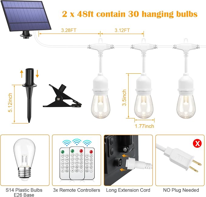 Mlambert 96FT 3-Color in 1 Dimmable Solar String Lights Outdoor, Remote Patio - Image 3