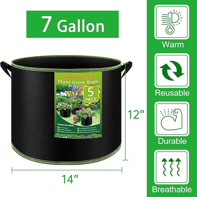 NACHLYNN 5-Pack 7 Gallon Grow Bags Thickened Nonwoven Fabric Pots - Image 2