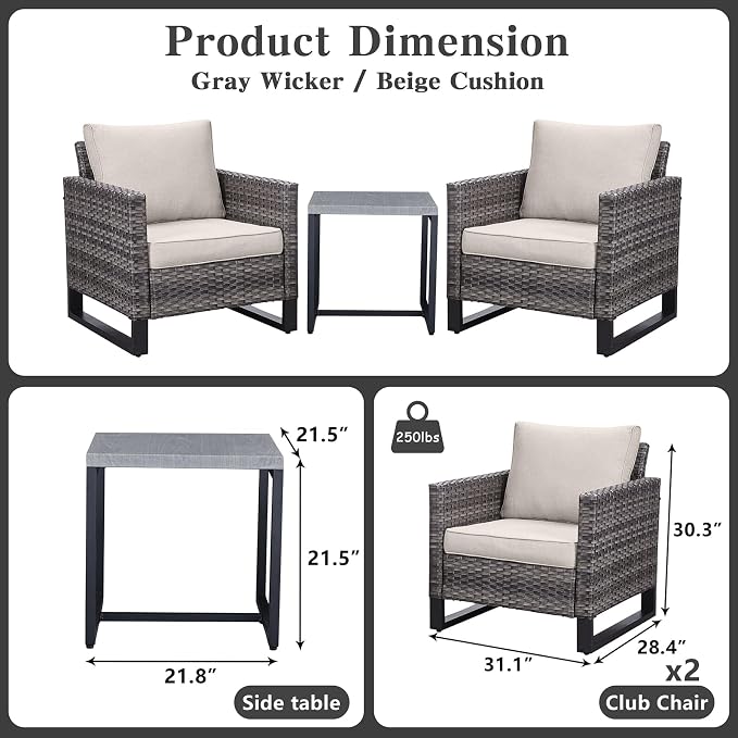 Belord Outdoor Bistro Set 3 Piece Outdoor Wicker Patio Chairs, Oversize Outdoor - Image 2