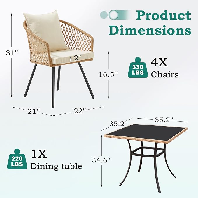 ECOTOUGE 5-Piece Outdoor Dining Table Chair Set, All-Weather Wicker Dining Set - Image 2