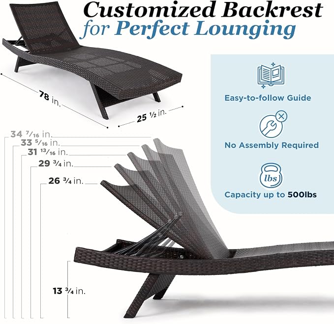 Idzo Katalina Chaise Lounge Set of 2-500lbs Support, UV Wicker, Ergonomic Wave - Image 4