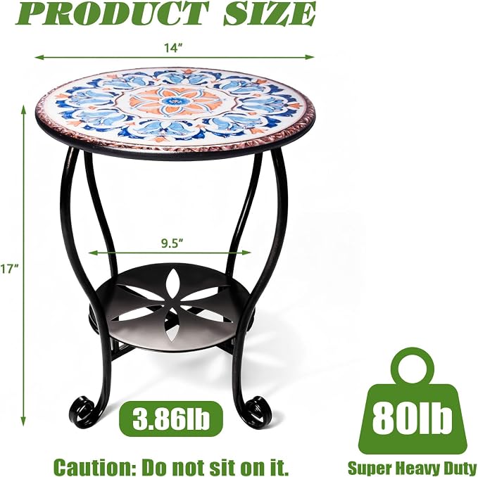Outdoor Side Table Mosaic Patio Small End Table Metal Coffee Tea Accent Table - Image 2
