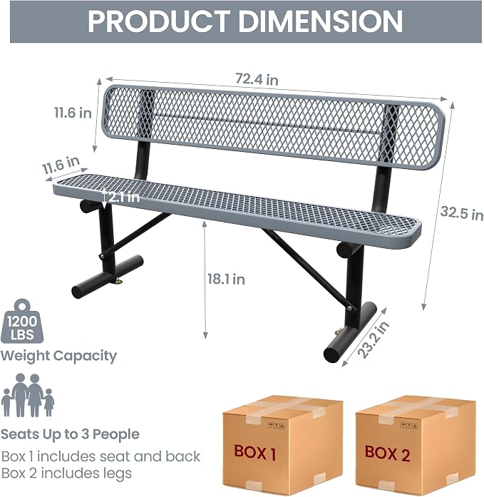 6 Feet Steel Park Bench for Outside, Outdoor Bench - Image 2