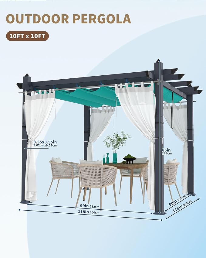 10x10 Ft Outdoor Pergola with Retractable Canopy & Side Mesh Screen Gray Post - Image 6