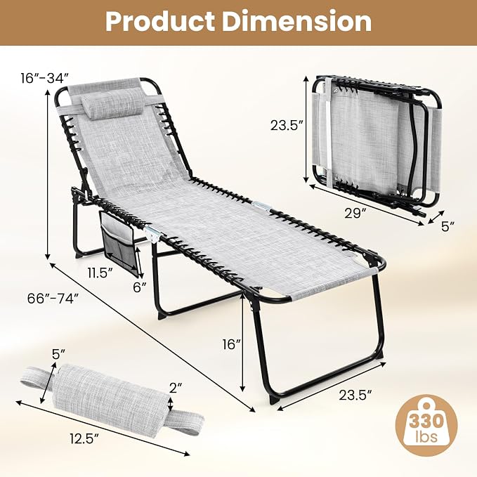 GYMAX Lounge Chairs for Outside, Extra High Folding Beach Tanning Lounger - Image 3