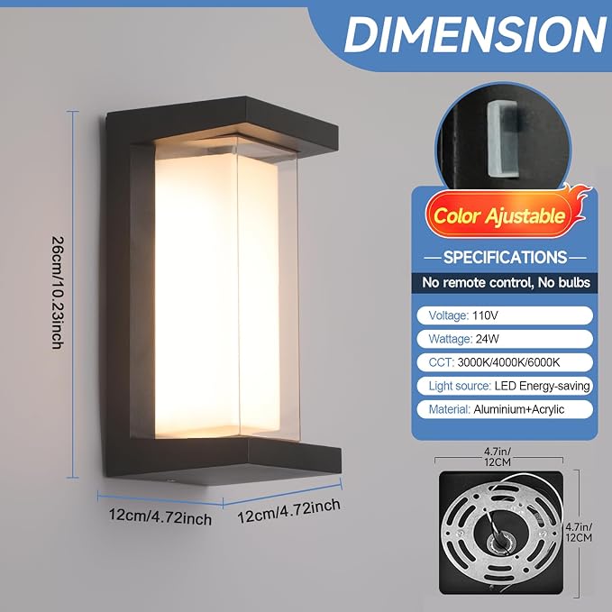 2 Pack 24W Outdoor Wall Lights Exterior/Interior LED 3-Color Adjustable 2100LM - Image 4