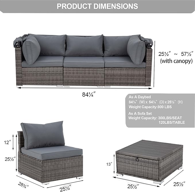 Vicluke 6 Pieces Patio Furniture Sets Outdoor Sectional Sofa Set Rattan Daybed - Image 2