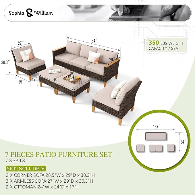Sophia & William 7 Piece Patio Furniture Sets, Sectional Outdoor Rattan Wicker - Image 7