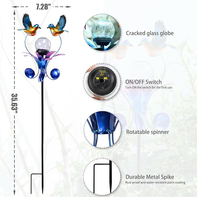 VCUTEKA Solar Lights Outdoor Metal Garden Stake Waterproof Crackle Glass Globe - Image 4