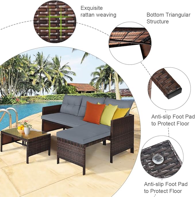 Tangkula Patio Corner Sofa Set 3 Piece, Outdoor Rattan Sofa Set, Includes - Image 8