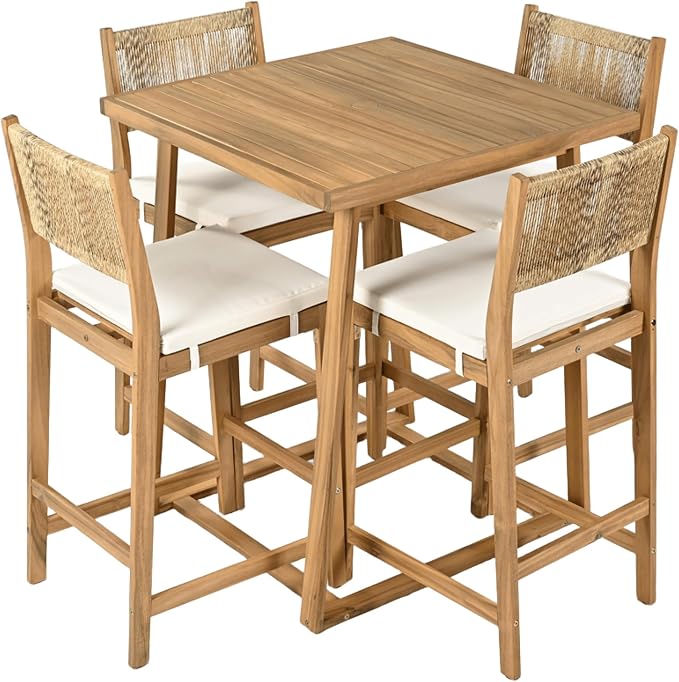 Merax 5 Pieces Acacia Wood Outdoor Patio Bar Set - Image 3