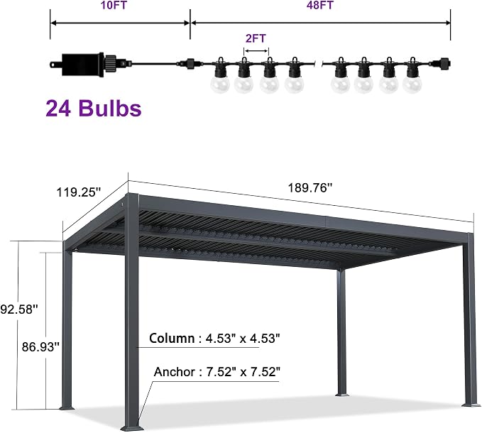 PURPLE LEAF Louvered Pergola w/Light 10' x 16' Aluminum Outdoor Pergola - Image 9