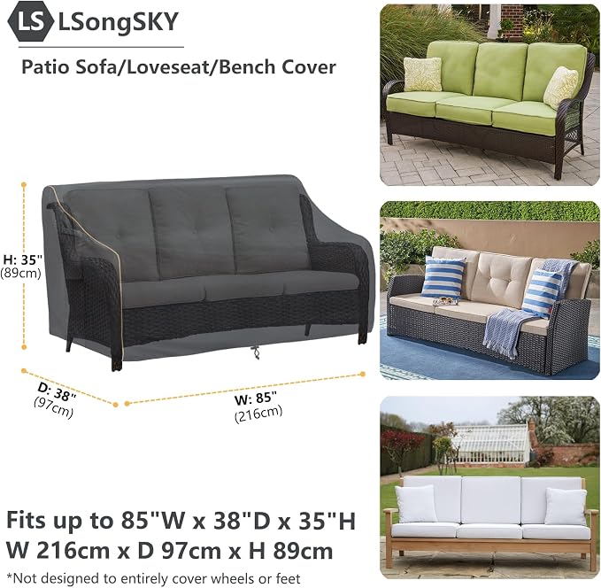 Patio 3-Seater Sofa Cover, Outdoor Couch Cover Fits up to 85W x 38D x 35H Inches - Image 3
