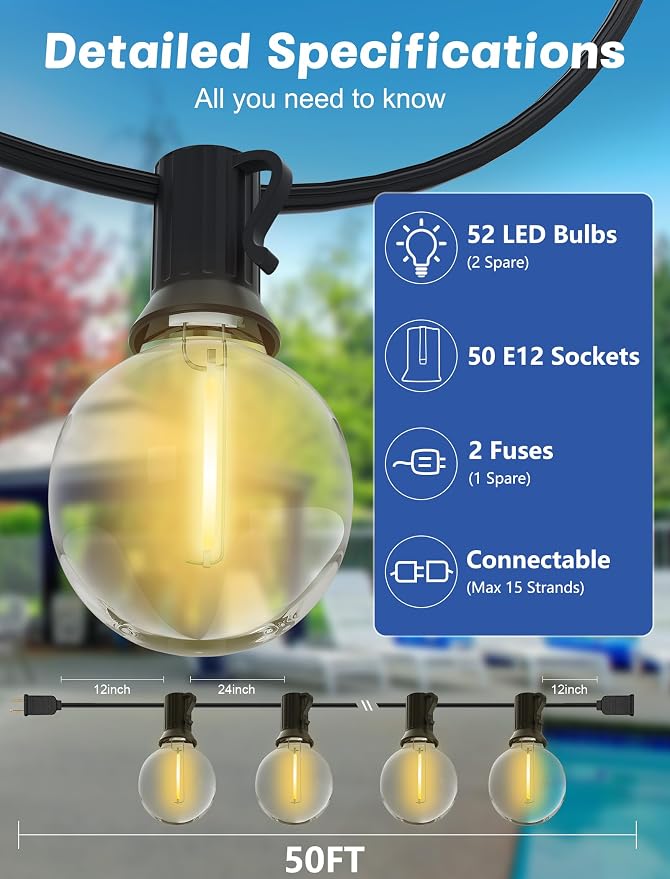 SUNSGNE Outdoor String Lights, 50FT Outdoor Globe Light - Image 2