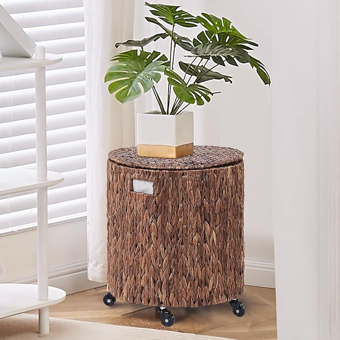 Wimarsbon Round Pouf Ottomans, Handwoven Natural Water Hyacinth Seagrass Pouffe - Image 4