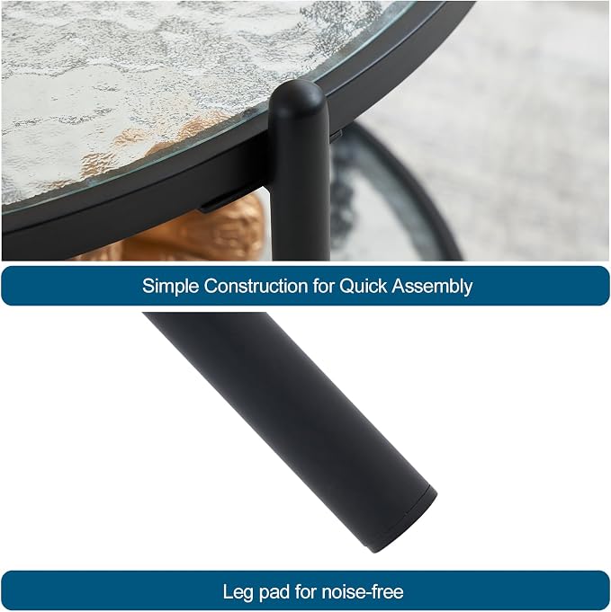 VINGLI 25.6" Small Matte Black Round Coffee Table Water-Wave Glass Circle Clear - Image 8