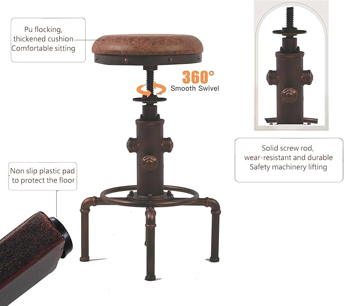 Topower Antique Vintage Industrial Barstool PU Leather Water Pipe Fire Hydrant - Image 7