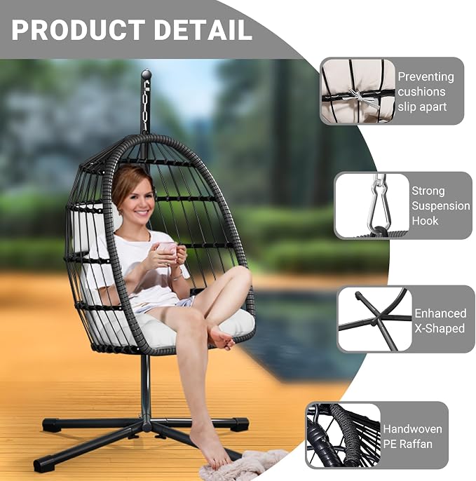 CHABATREE Egg Chair with Stand, Patio Rattan Wicker Hanging Swing Egg Chair - Image 5