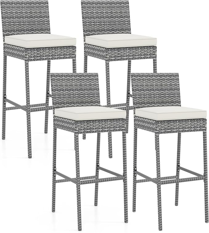 COSTWAY Outdoor Wicker Bar Stools Set of 4, Footrest and Backrest, Rattan by COSTWAY
