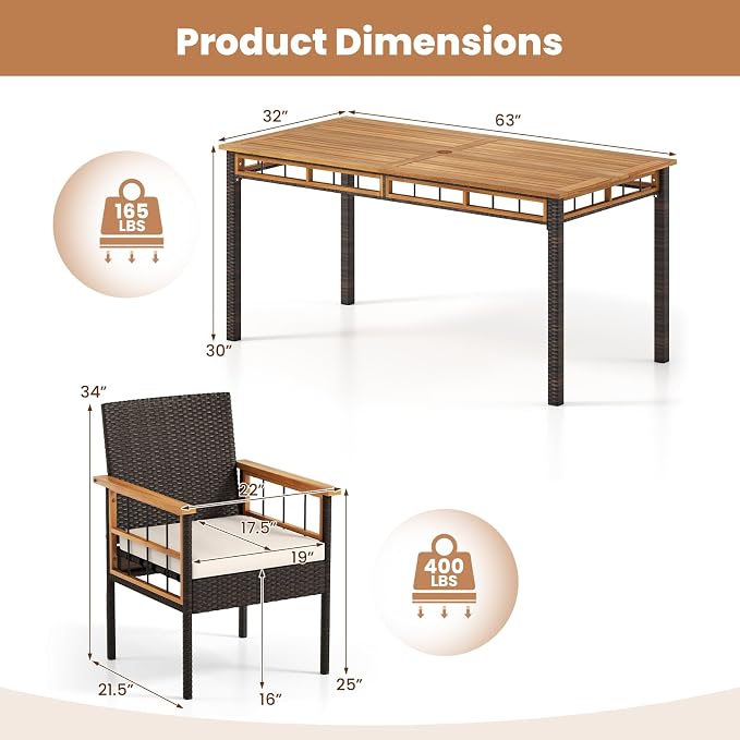 Tangkula 7 Pieces Wicker Patio Dining Set, Outdoor Acacia Wood Rectangular Table - Image 9
