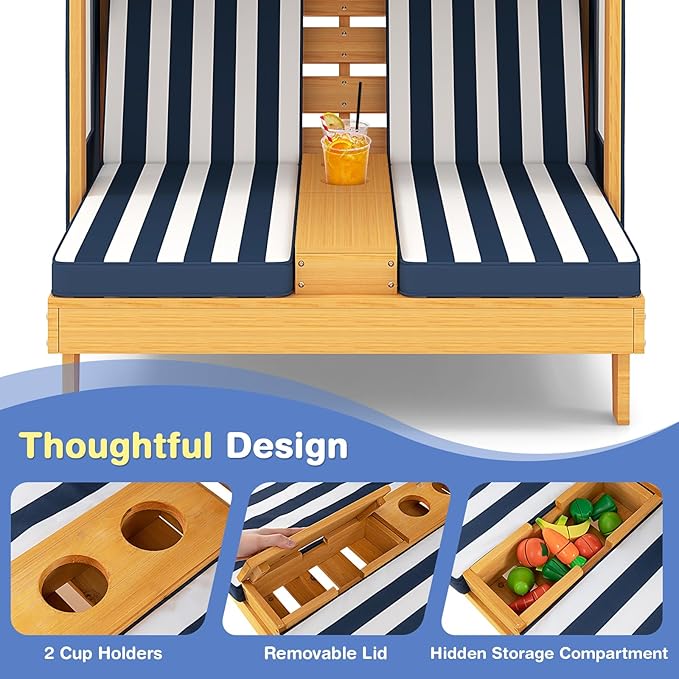 Costzon Kids Lounge Chair Outdoor, Wood Double Seat Chaise Lounge - Image 4