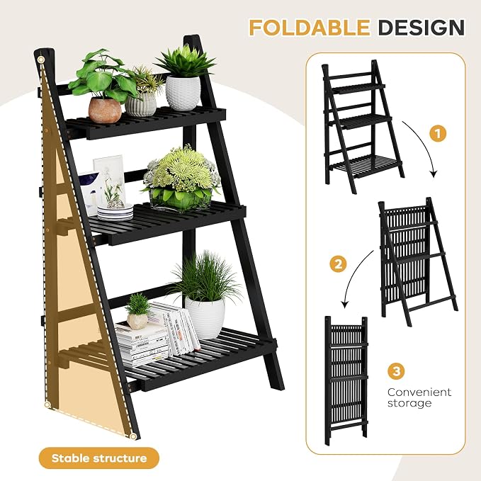 39.4" Foldable Plant Shelf Ladder Shelf, 3 Tier Bamboo Ladder Flower Pot - Image 4